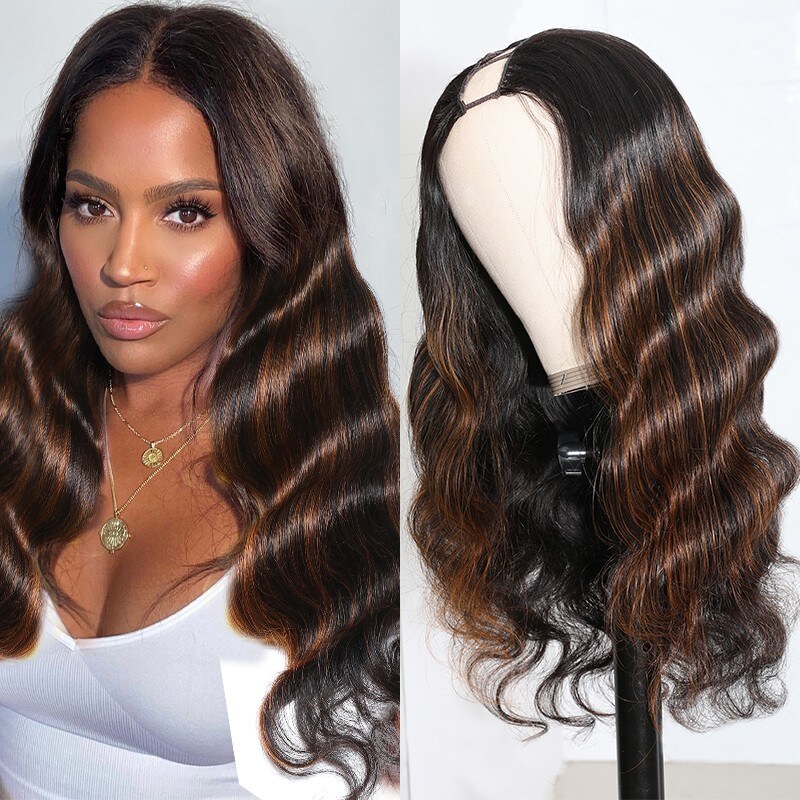 Beautyforever 200% Density U Part Wig Black Hair With Brown Highlights Body  Wave Wig Human Hair 2x4 Opening Size