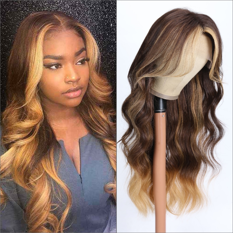 Beautyforever Money Piece Curtain Bangs With Layers 13x4 Lace Front Wigs Dark  Brown with Blonde Highlights Body Wave