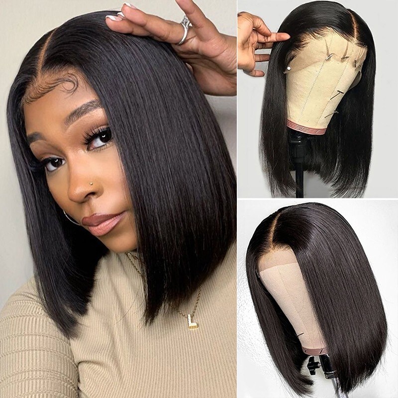 Beautyforever Straight Bob T Part Lace Front Human Hair Wigs for Women  Blunt Short Bob Cut Lace Wig 10-12 Inch Black Wig