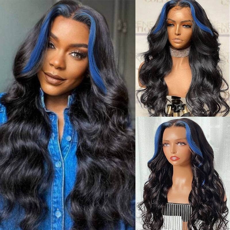 Beautyforever Body Wave Blue Black Wig 13x4 Lace Front Black Wig With Blue  Streaks Skunk Stripe Hair