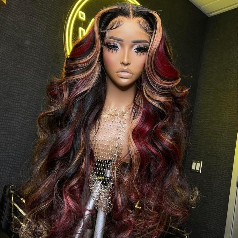 Beautyforever Multi Color Highlight Wigs Loose Wave 13x4 Lace Front Wigs  Black With Blonde Red Streaks